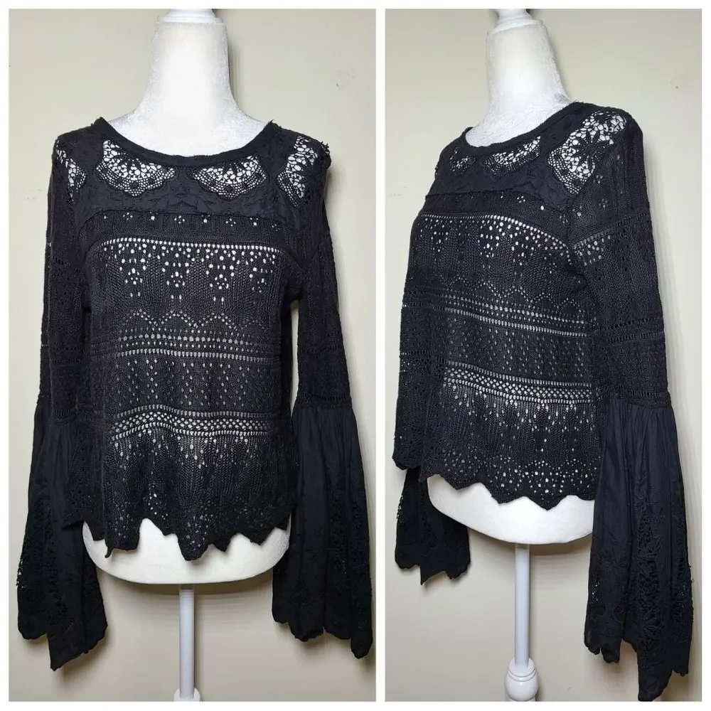 Free People|Once Upon-A-Time Black Bell Sleeve Lace Top, XS